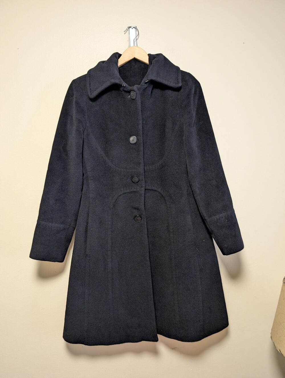 Anne Klein Black Angora Wool Blend Fit & Flare Coat Size Small